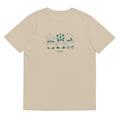 Beige organic t-shirt with green graphic design of 3 gnome leprechauns, shirt on a white background