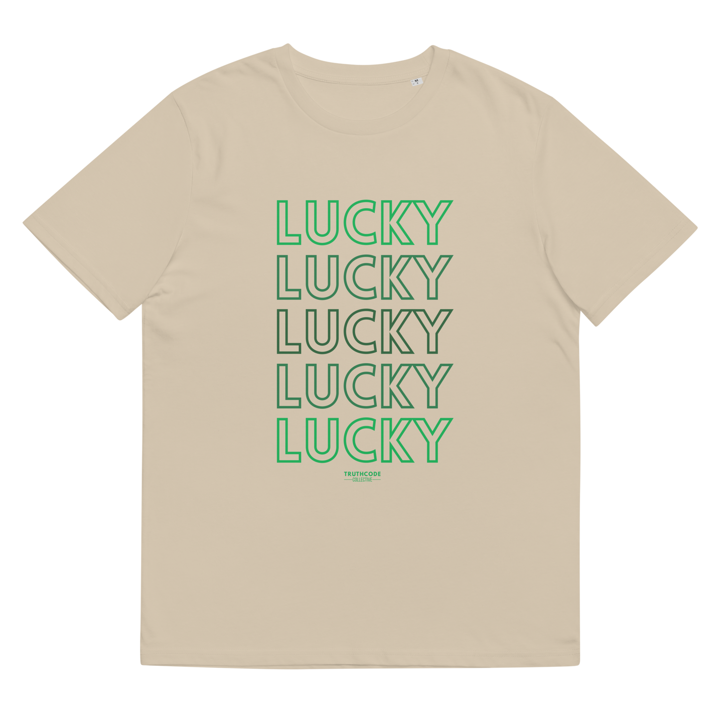 Beige organic t-shirt with 'LUCKY' text in green on a white background