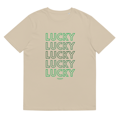 Beige organic t-shirt with 'LUCKY' text in green on a white background