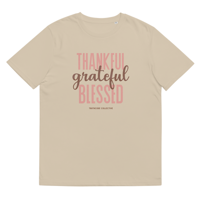 Beige organic t-shirt with 'Thankful grateful BLESSED' text design on a white background