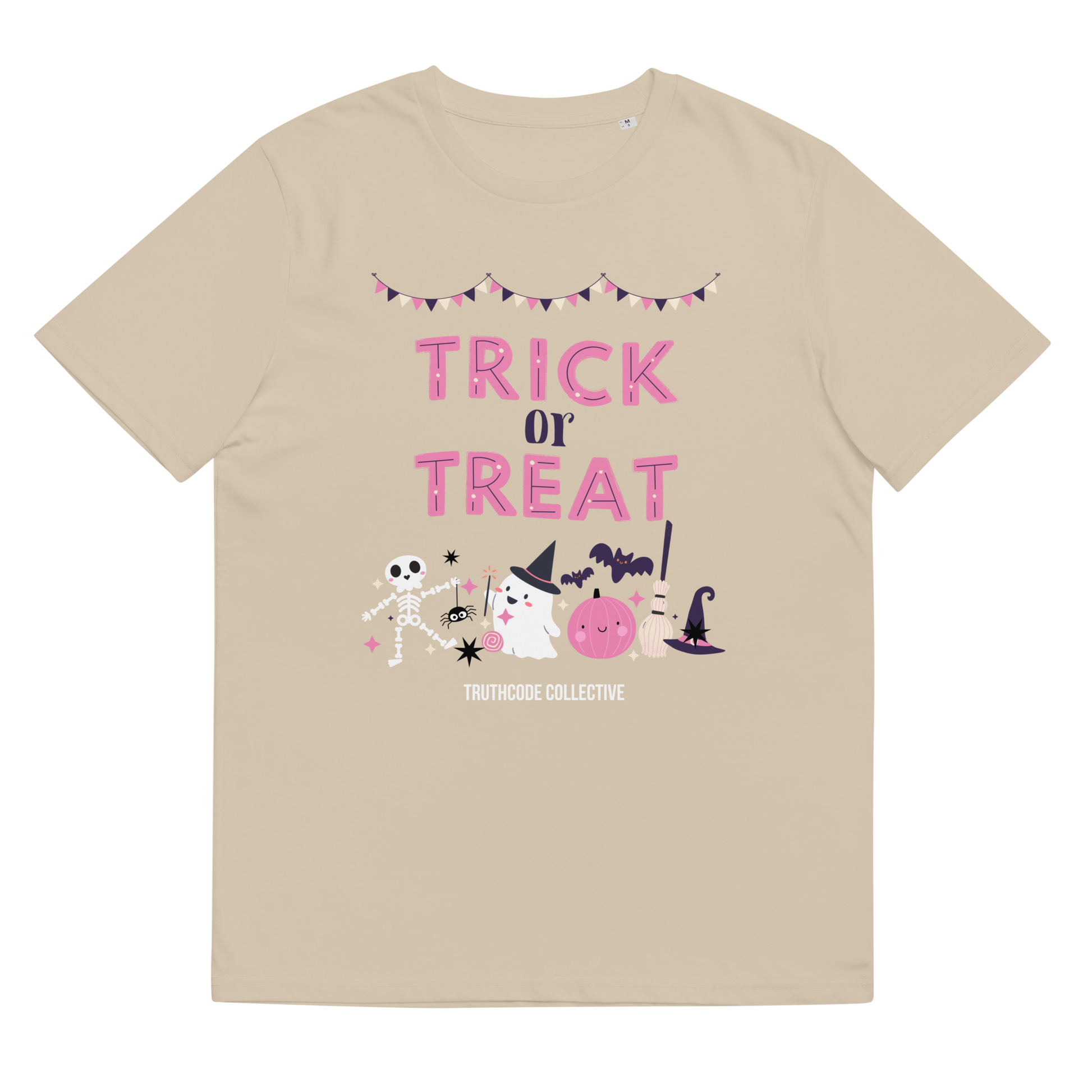 Beige organic t-shirt with 'Trick or Treat' text and Halloween graphics on a white background