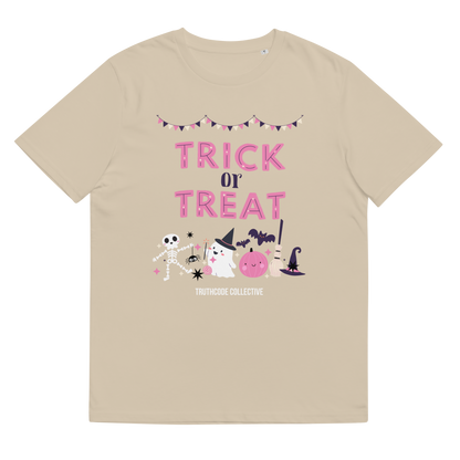 Beige organic t-shirt with 'Trick or Treat' text and Halloween graphics on a white background