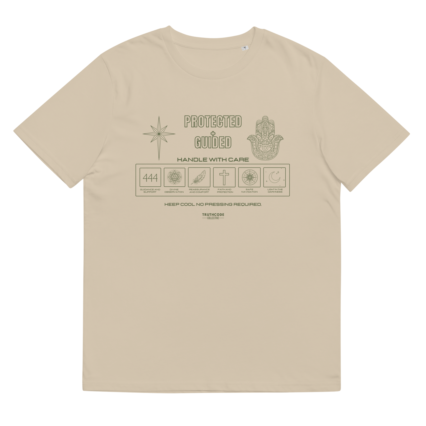 Beige organic t-shirt with 'Protected + Guided' text and laundry tag style graphic design with elements relating to protection on a white background