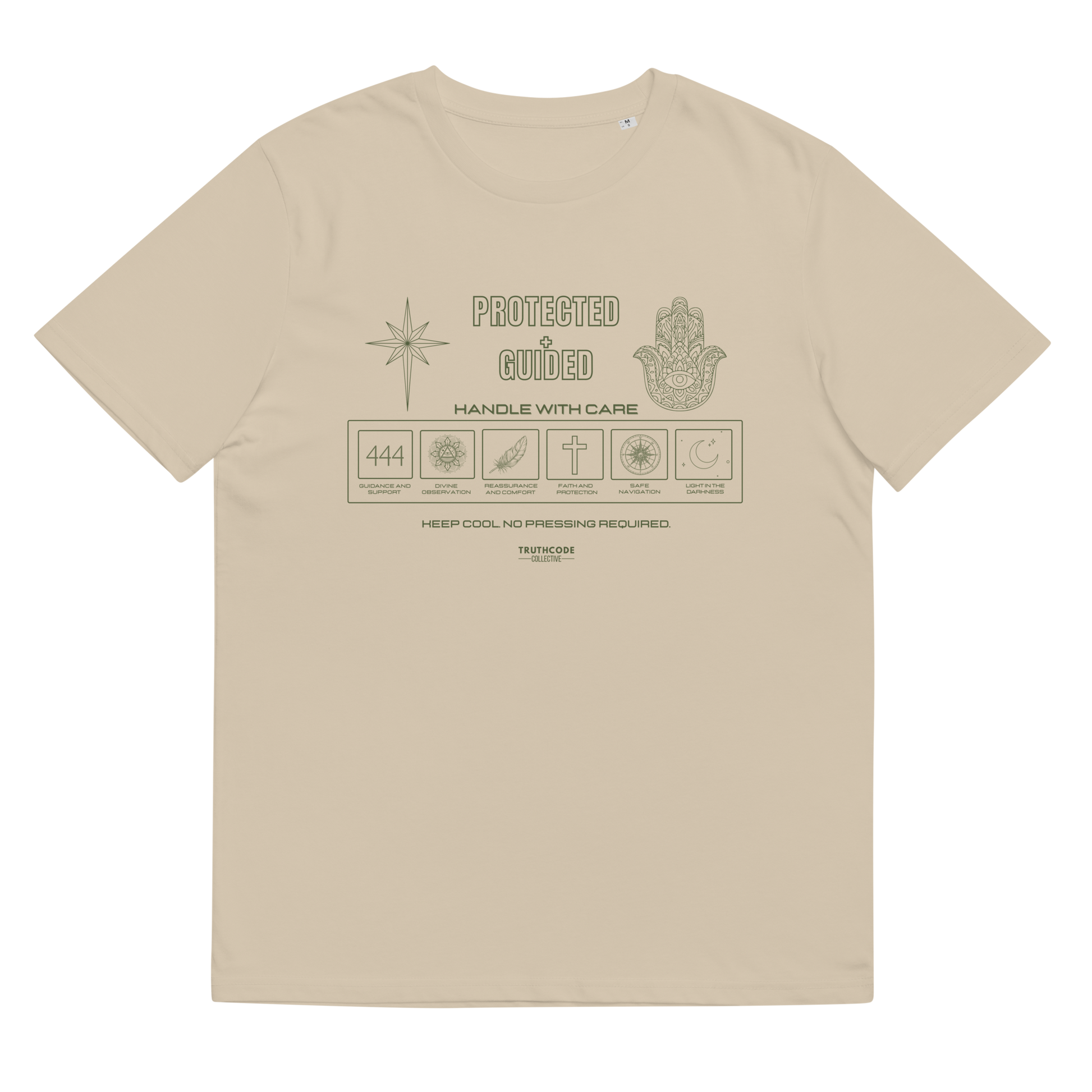 Beige organic t-shirt with 'Protected + Guided' text and laundry tag style graphic design with elements relating to protection on a white background