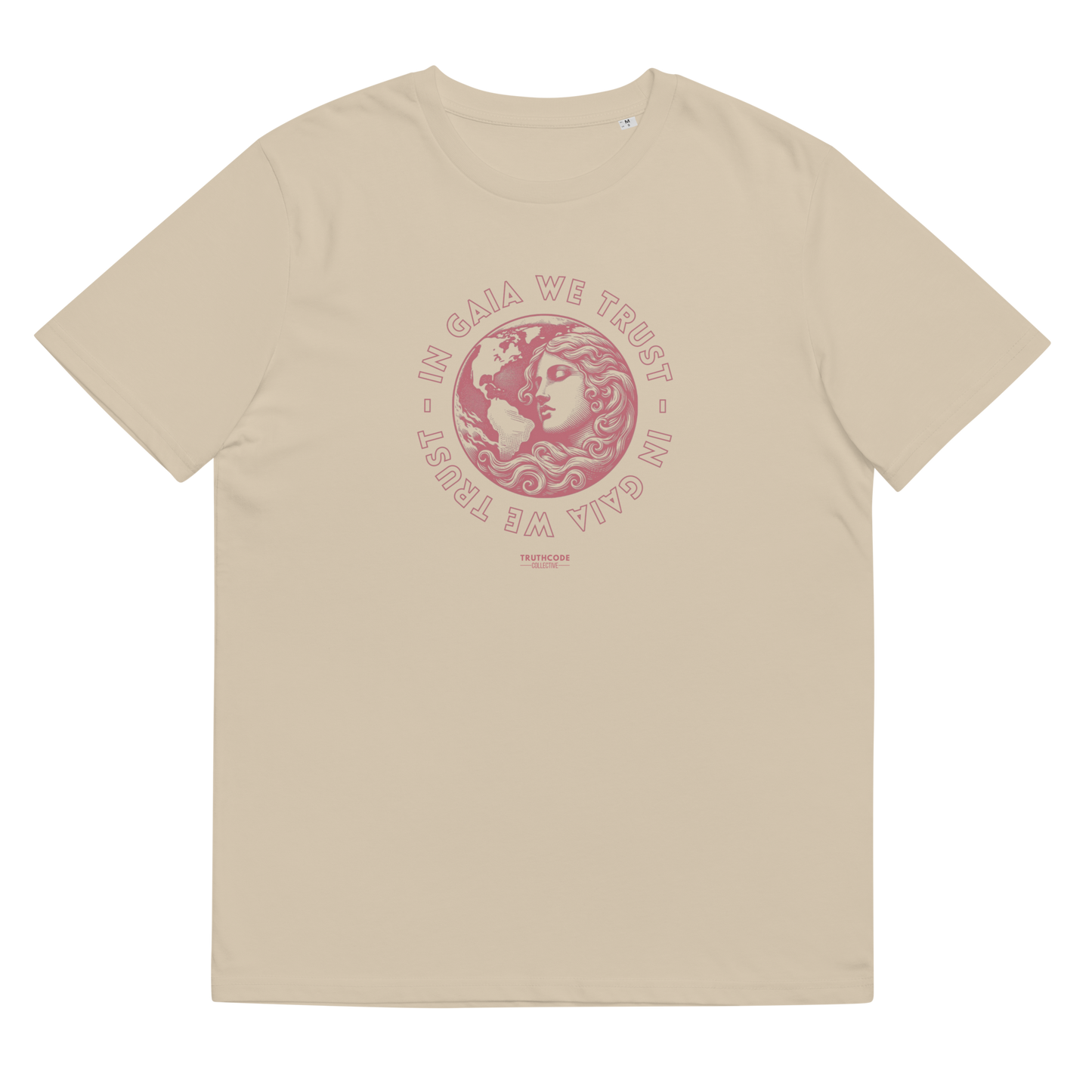Beige organic t-shirt with graphic design of earth and a woman and text 'In Gaia we trust' on a white background