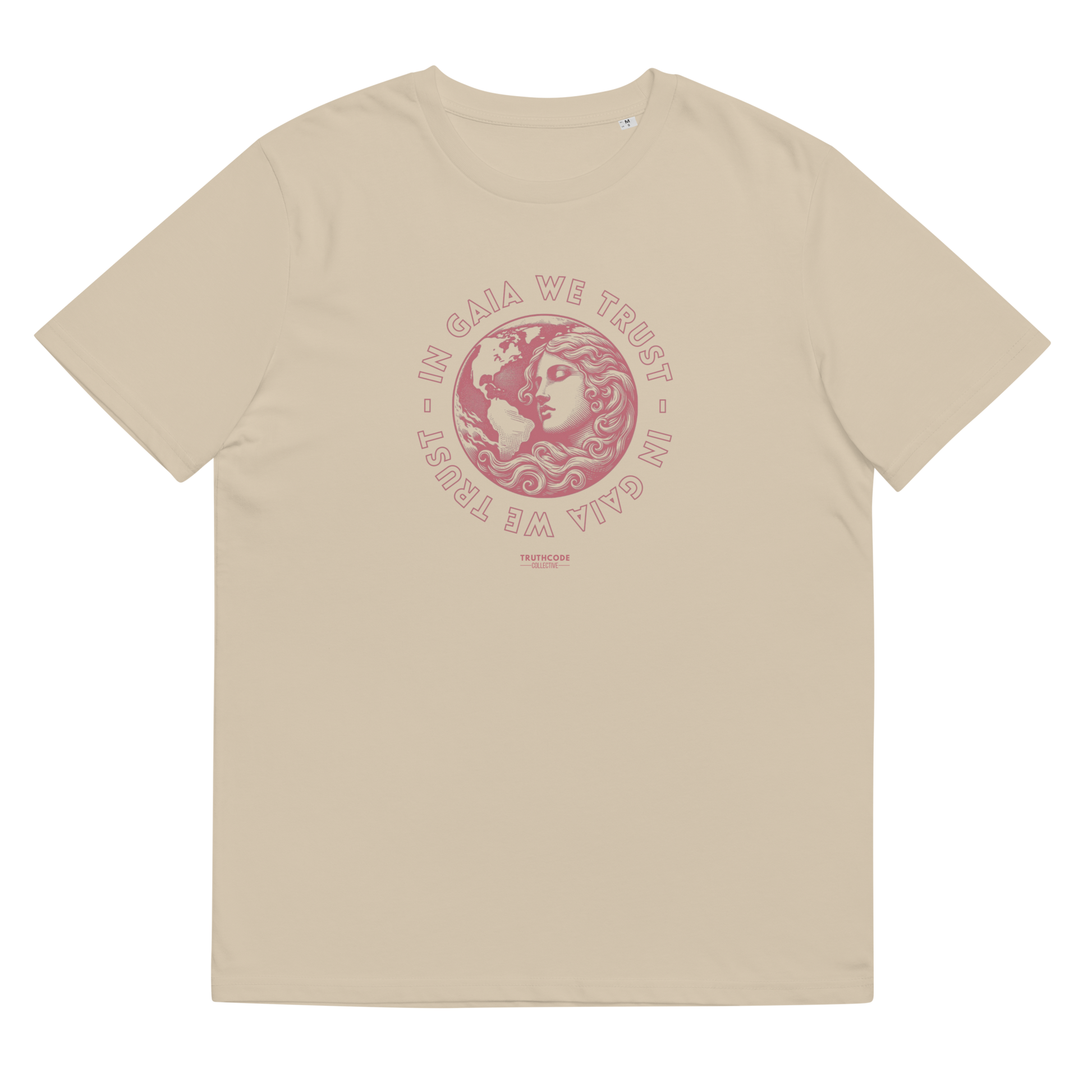 Beige organic t-shirt with graphic design of earth and a woman and text 'In Gaia we trust' on a white background