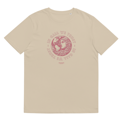 Beige organic t-shirt with graphic design of earth and a woman and text 'In Gaia we trust' on a white background