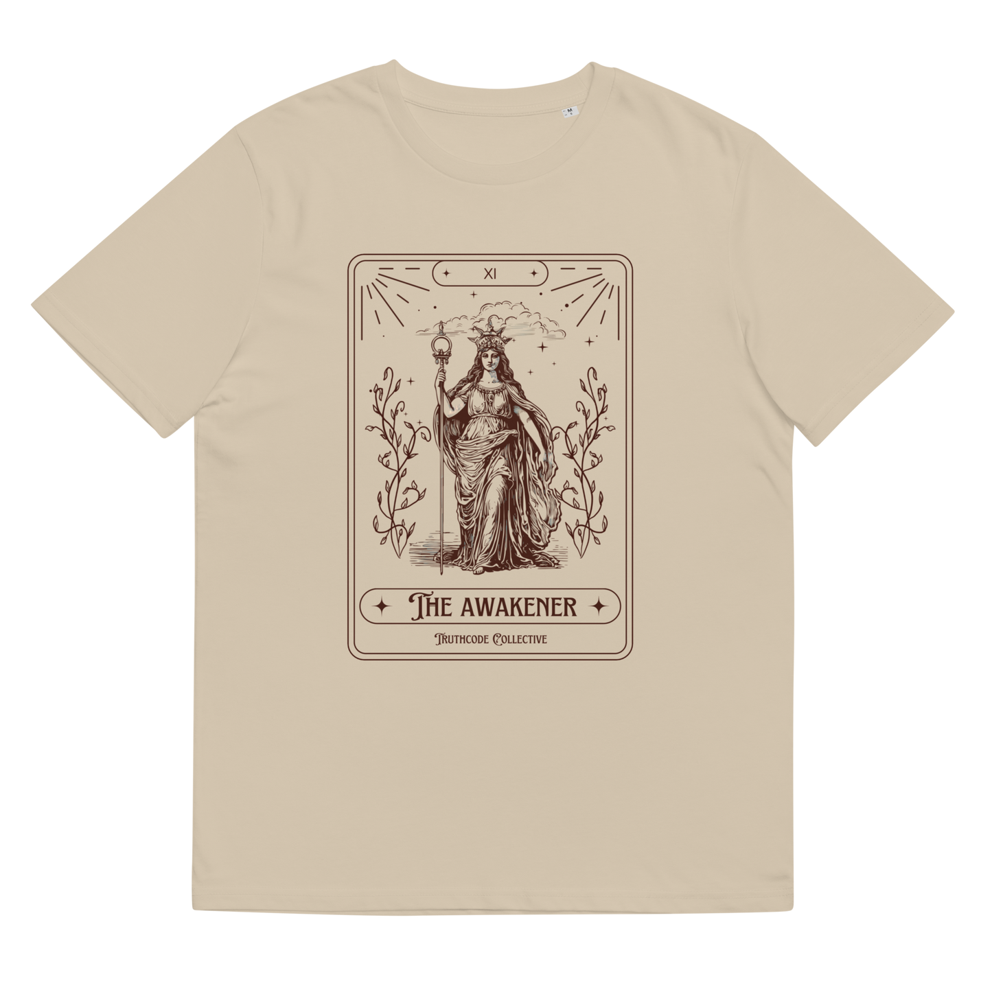 Beige organic t-shirt with 'The Awakener' tarot card design, on a white background