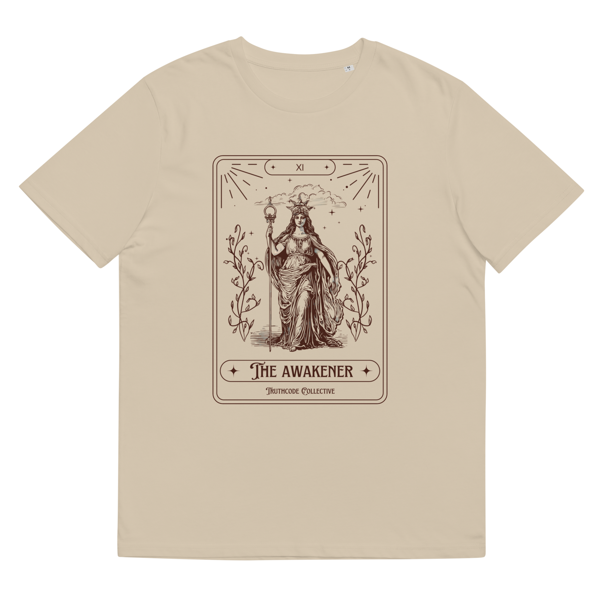 Beige organic t-shirt with 'The Awakener' tarot card design, on a white background