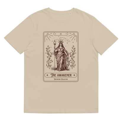 Beige organic t-shirt with 'The Awakener' tarot card design, on a white background