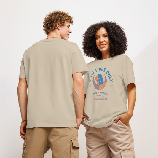 Models wearing beige organic t-shirt with text 'Good Vibes Only' and 'Radiate responsibly' woman and moon graphic design on a white background