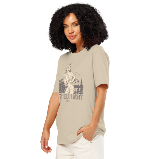 Woman wearing beige organic t-shirt with vintage style graphic design of a woman in a forest and text 'The Hell I Won't', on a white background