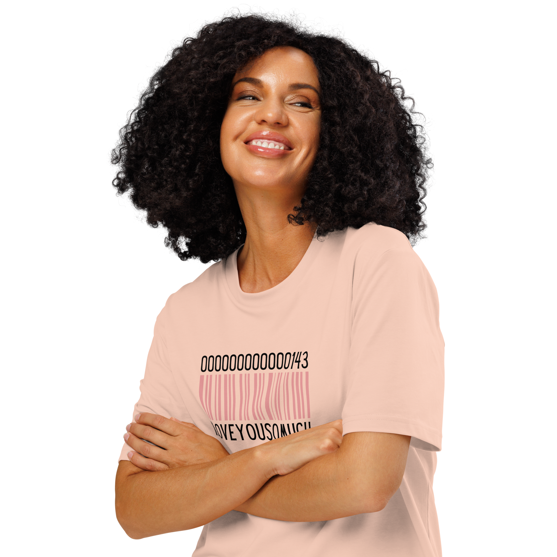 Woman wearing peach organic t-shirt with a barcode design and numbers 143, with text 'I love you so much' on a white background