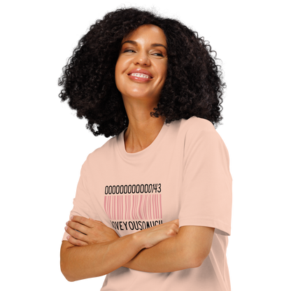Woman wearing peach organic t-shirt with a barcode design and numbers 143, with text 'I love you so much' on a white background