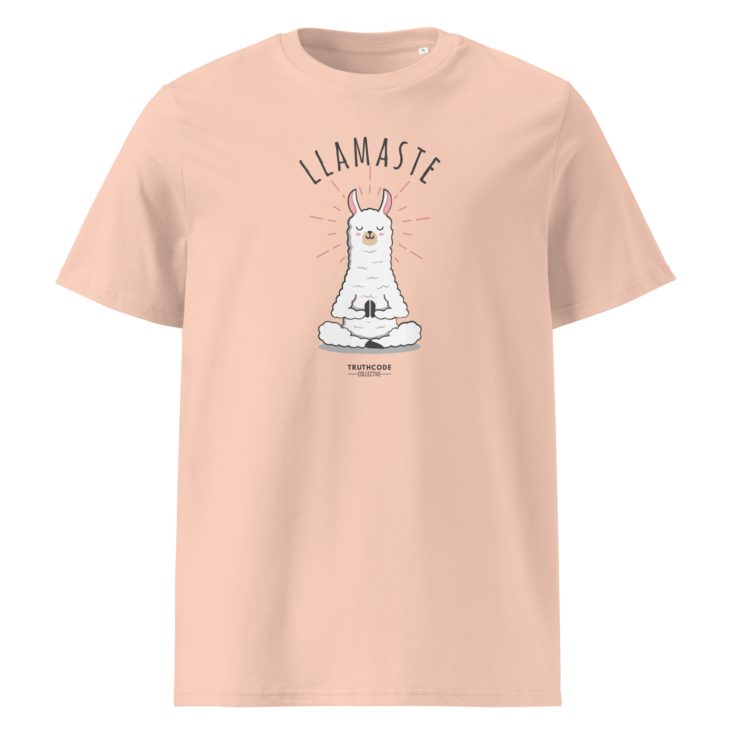 Peach organic t-shirt with a llama graphic in meditative pose and 'LLAMASTE' text on a white background