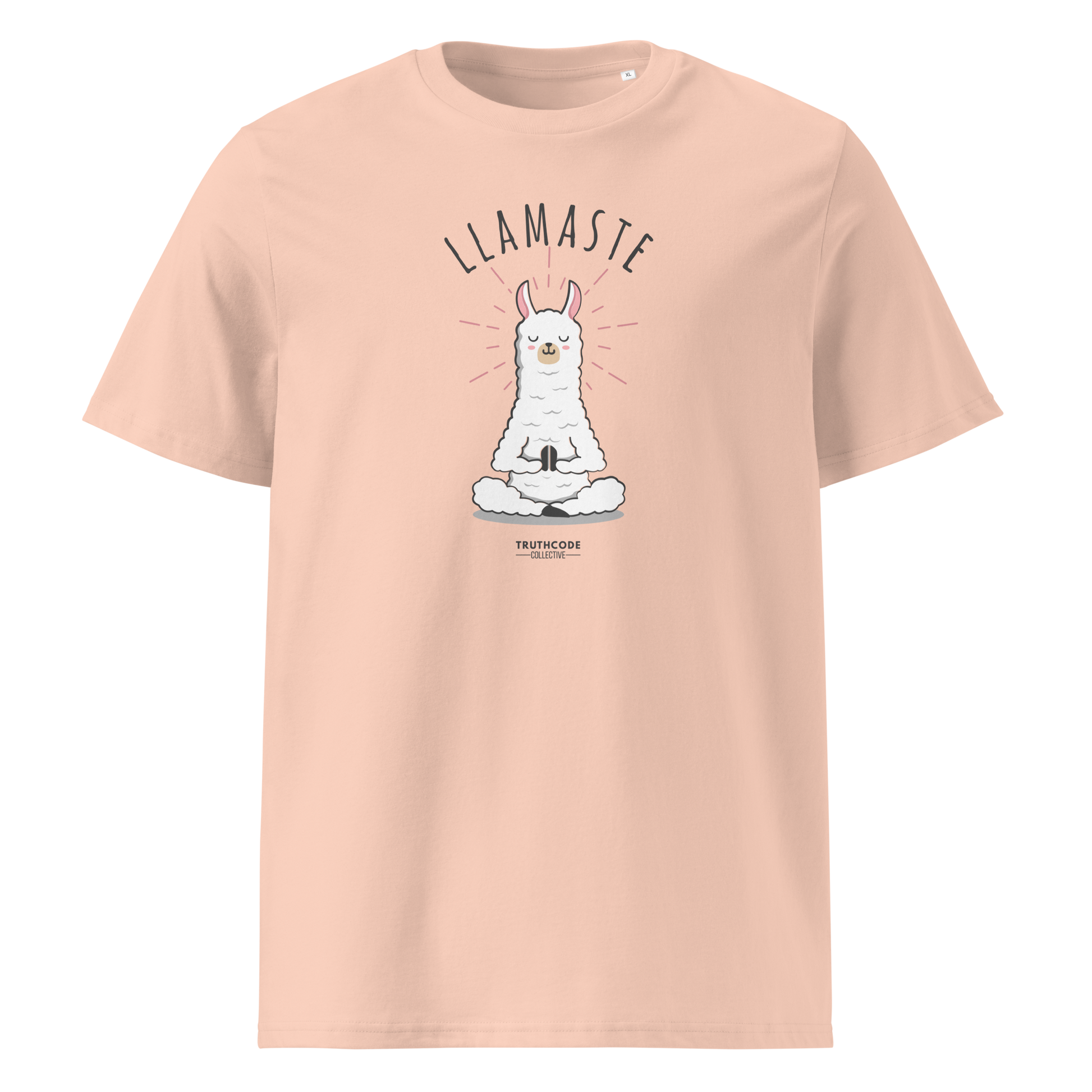 Peach organic t-shirt with a llama graphic in meditative pose and 'LLAMASTE' text on a white background