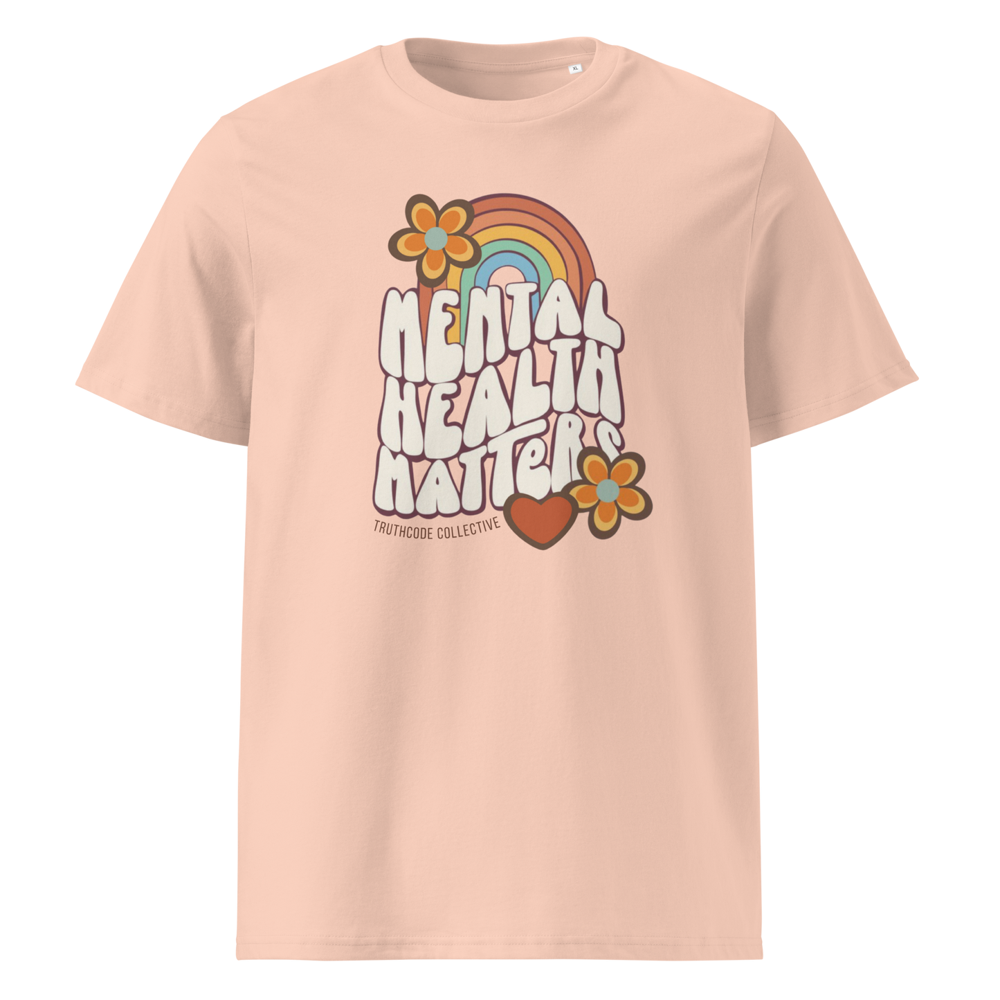 Peach organic t-shirt with 'Mental Health Matters' graphic design featuring a rainbow and flowers 