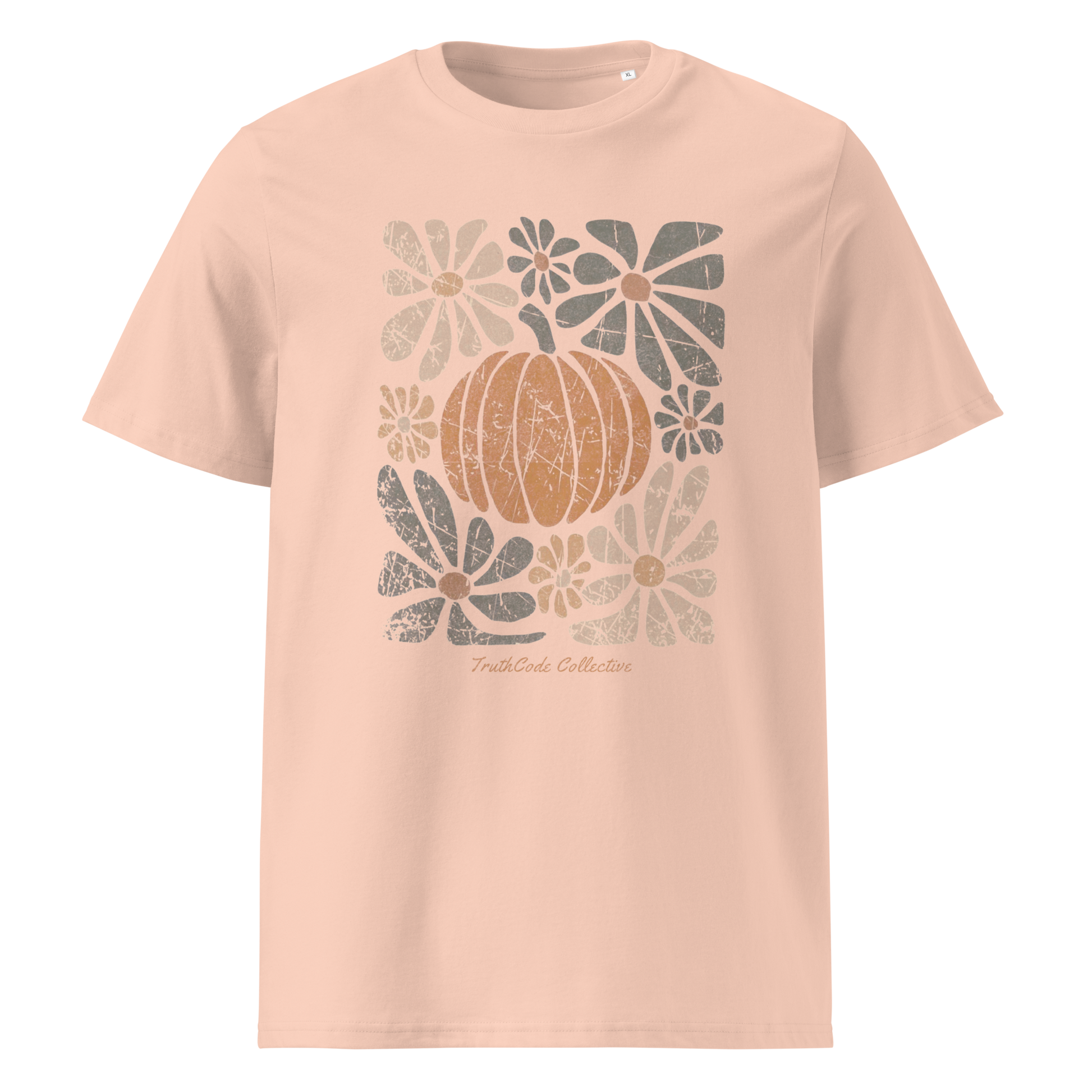 Peach organic t-shirt with a pumpkin and floral design on a white background