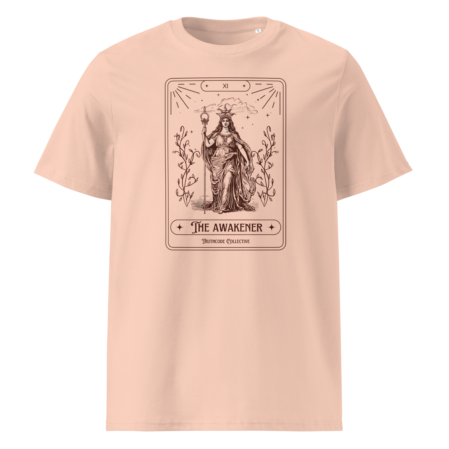 Peach organic t-shirt with 'The Awakener' tarot card design on a white background