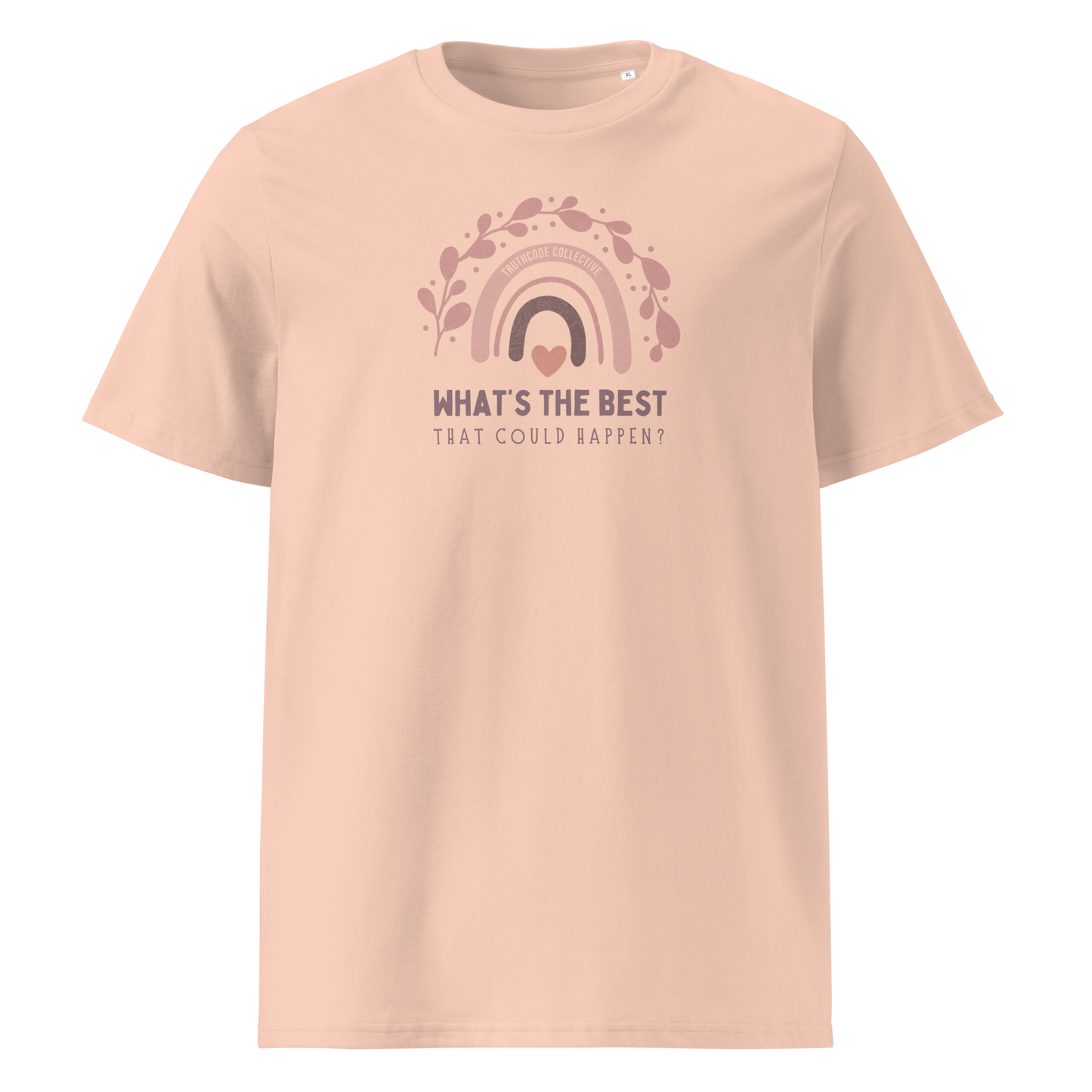 Peach organic t-shirt with a pink rainbow and text 'What's the best that could happen?' design on a white background
