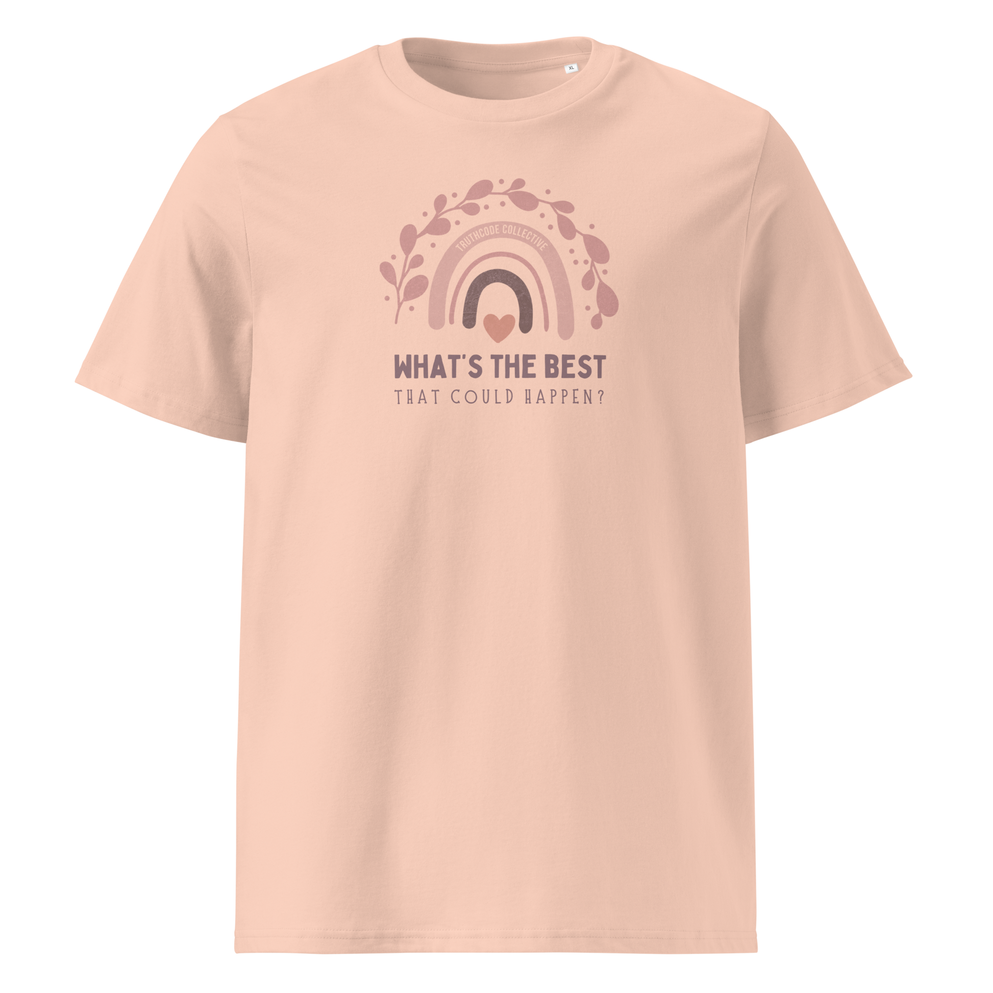 Peach organic t-shirt with a pink rainbow and text 'What's the best that could happen?' design on a white background
