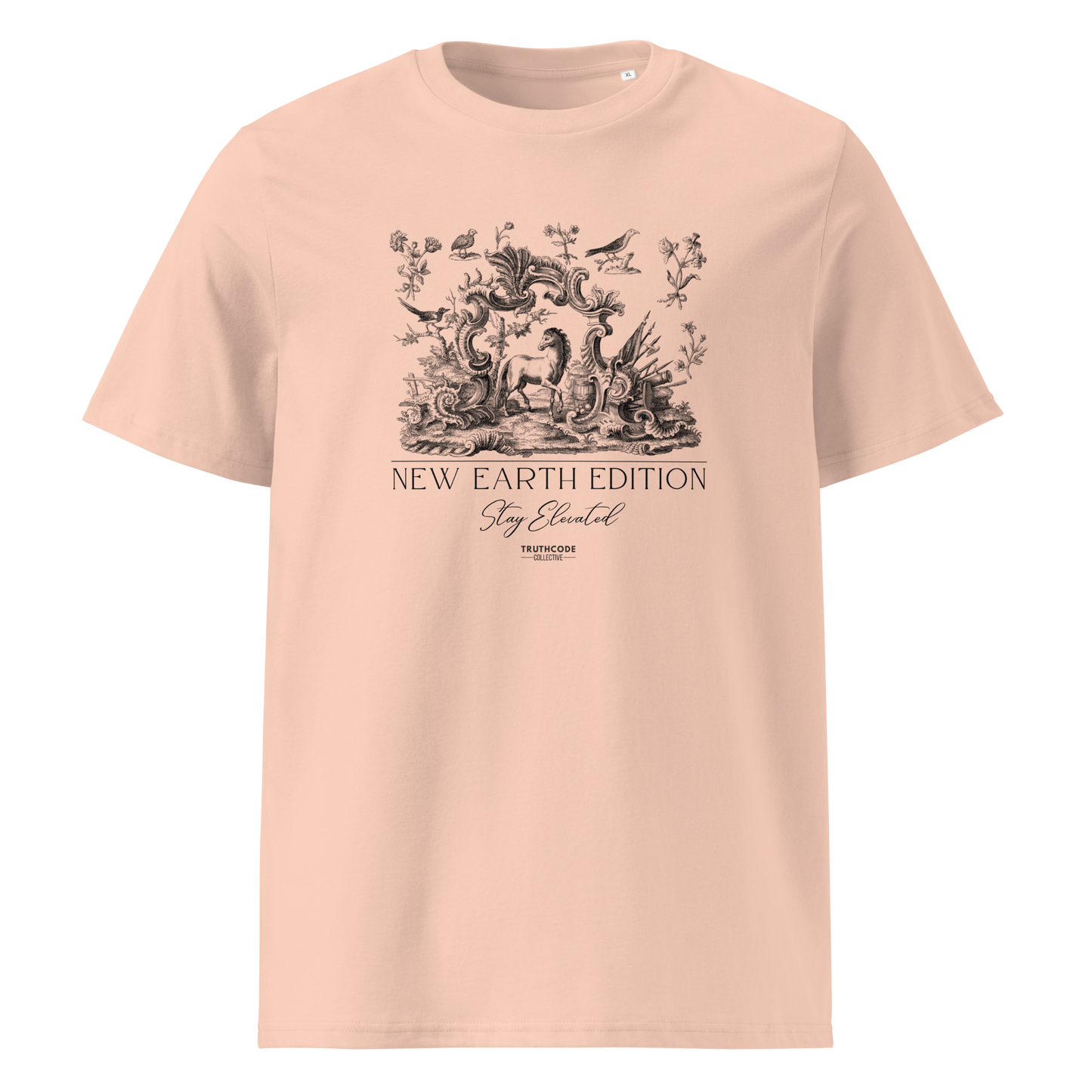 Peach organic t-shirt with nature and animals graphic design and text 'New earth edition, stay elevated' on a white background