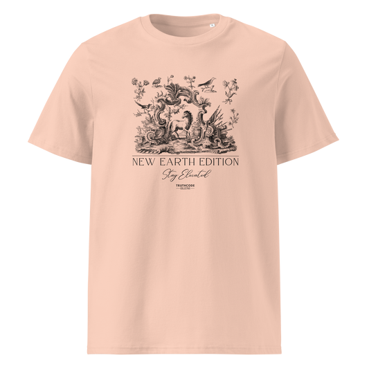 Peach organic t-shirt with nature and animals graphic design and text 'New earth edition, stay elevated' on a white background