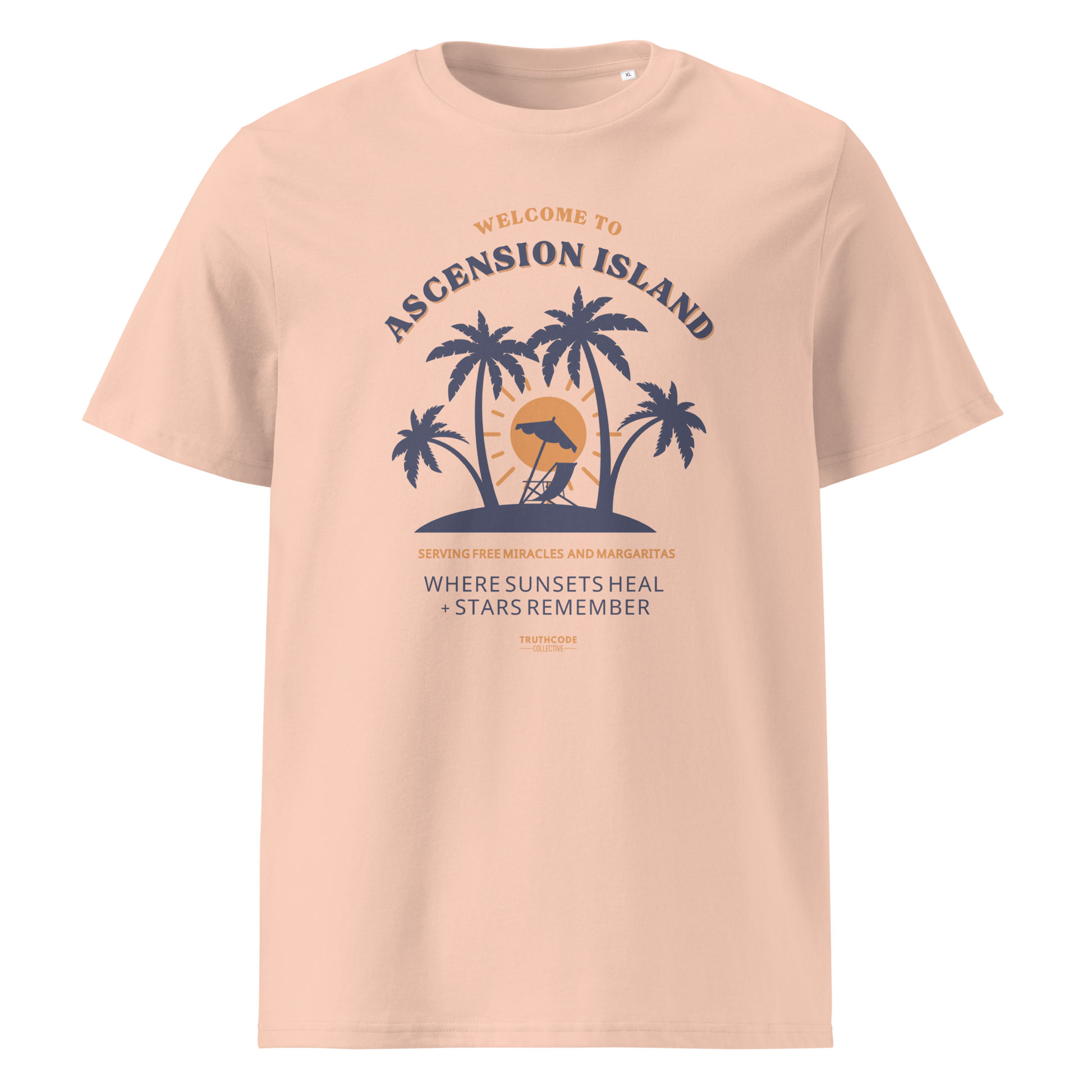 Peach organic t-shirt with palm tree design and text 'Ascension island, where sunsets heal + stars remember' on a white background