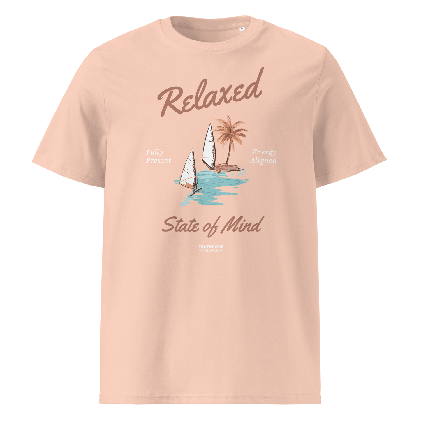 Peach organic t-shirt with a sailboat graphic and text 'Relaxed state of mind' on a white background