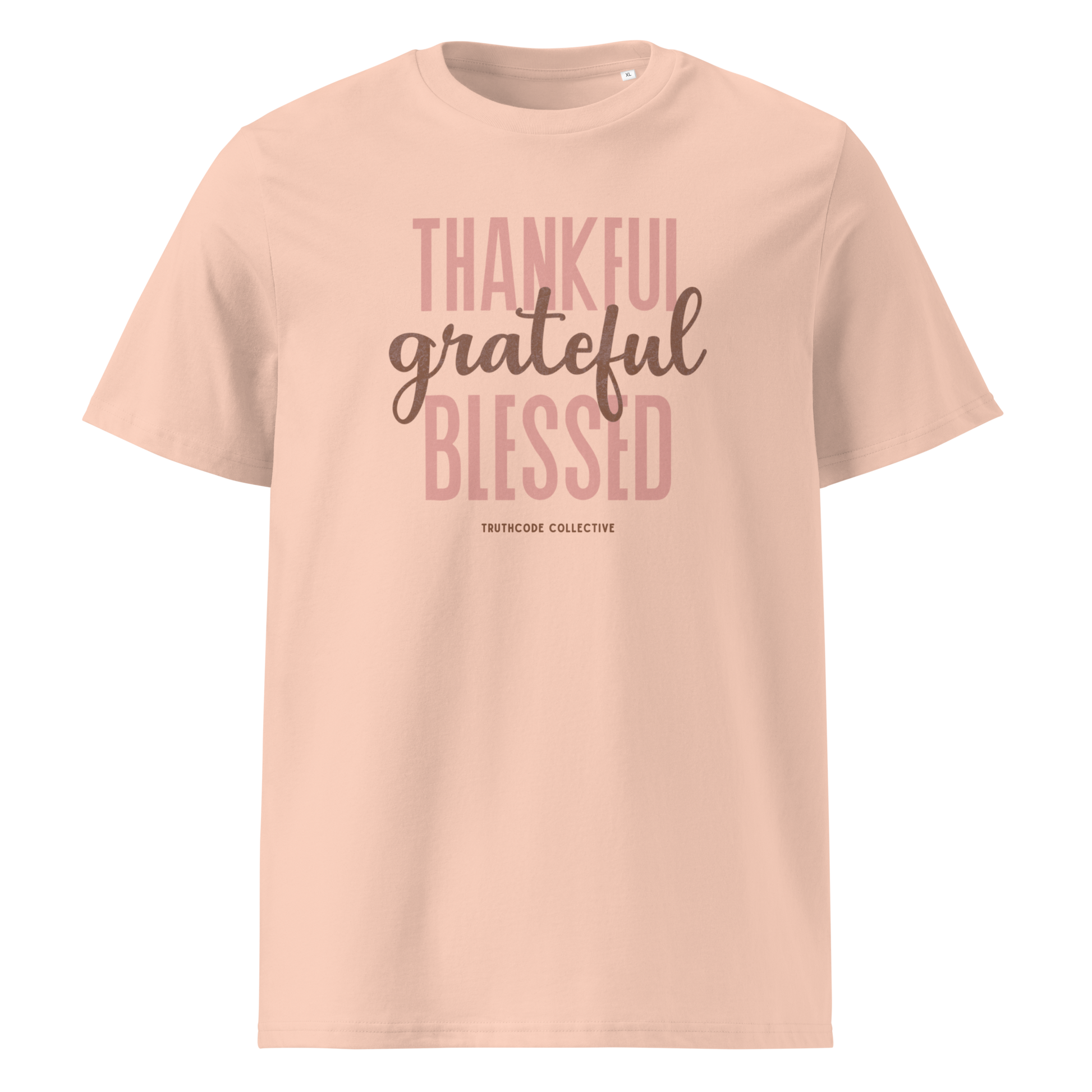 Peach organic t-shirt with 'Thankful grateful BLESSED' text on a white background