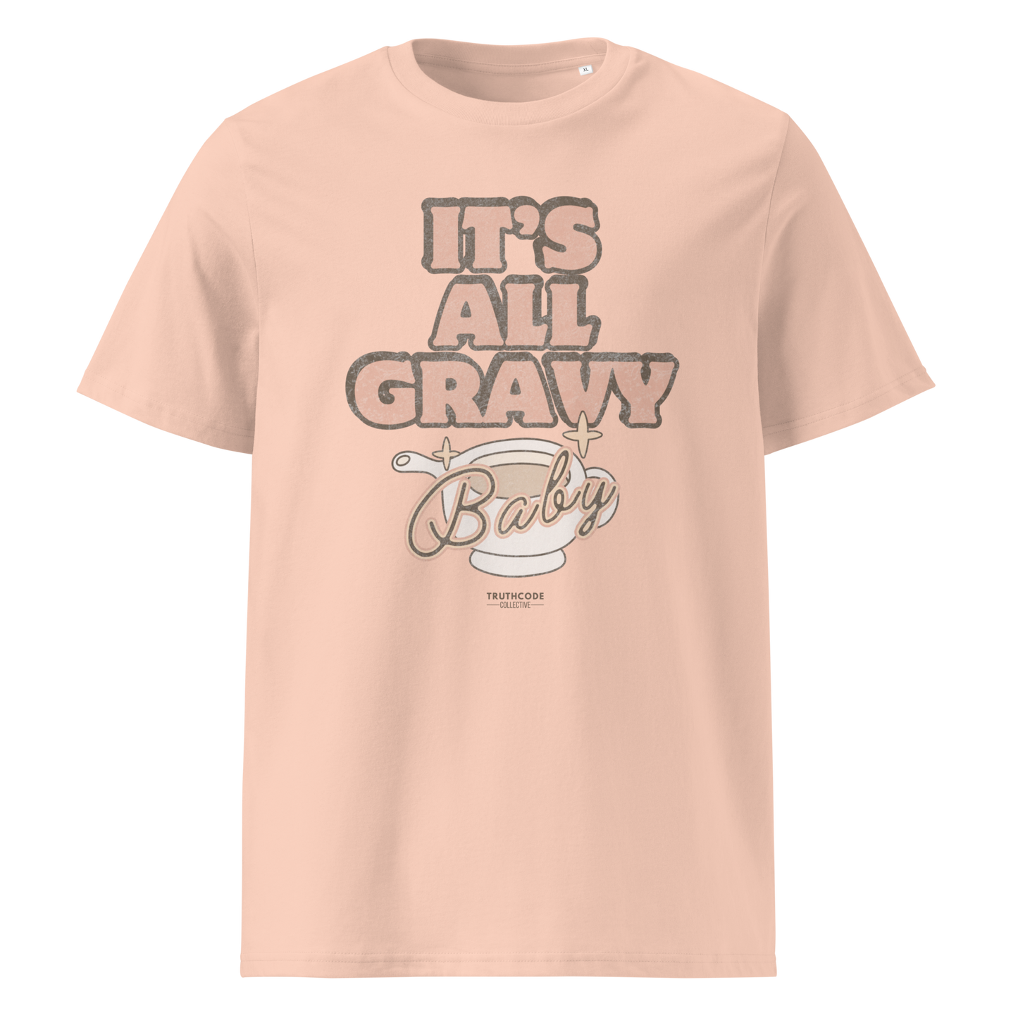 Peach organic t-shirt with 'It's All Gravy Baby' text and gravy boat design on a white background