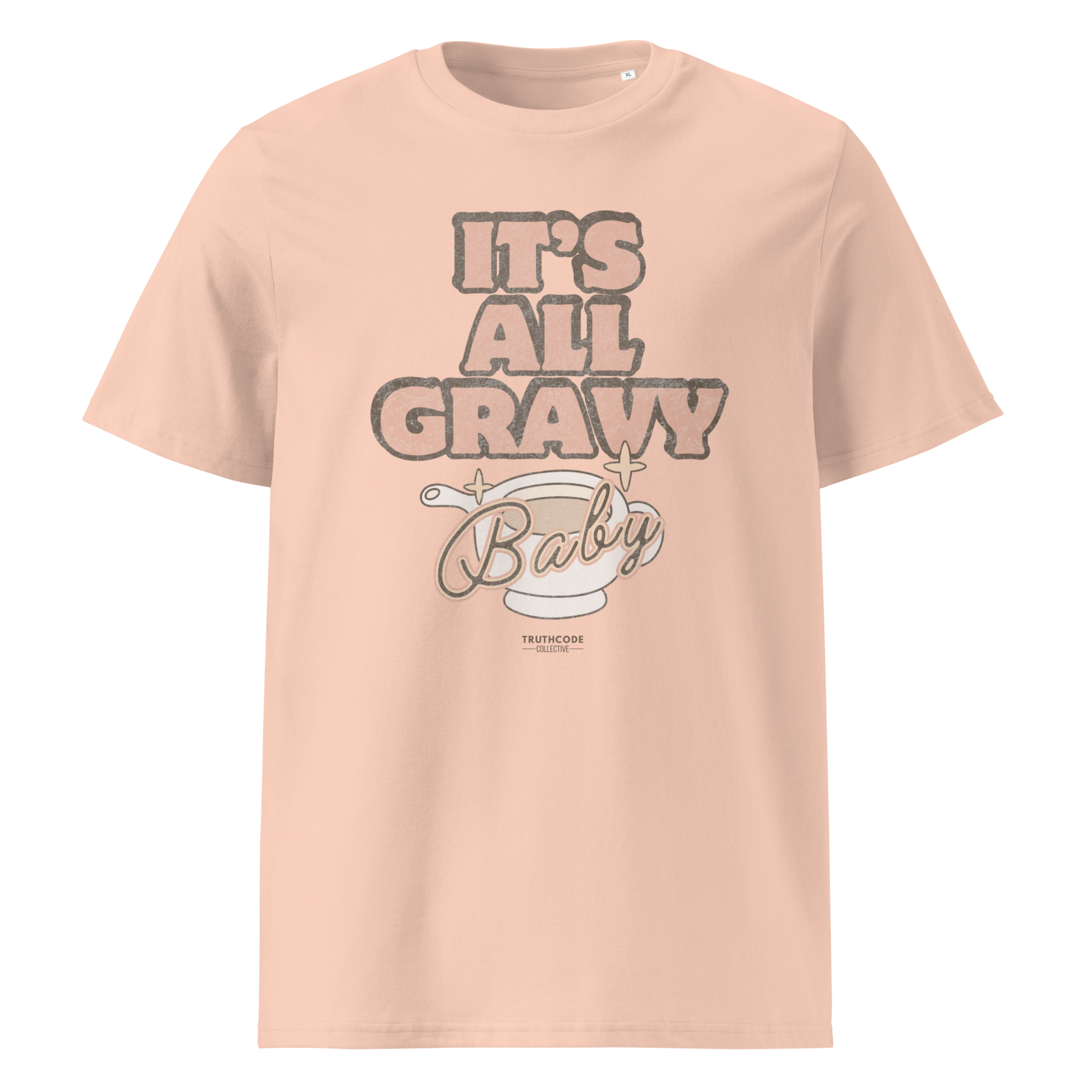 Peach organic t-shirt with 'It's All Gravy Baby' text and gravy boat design on a white background
