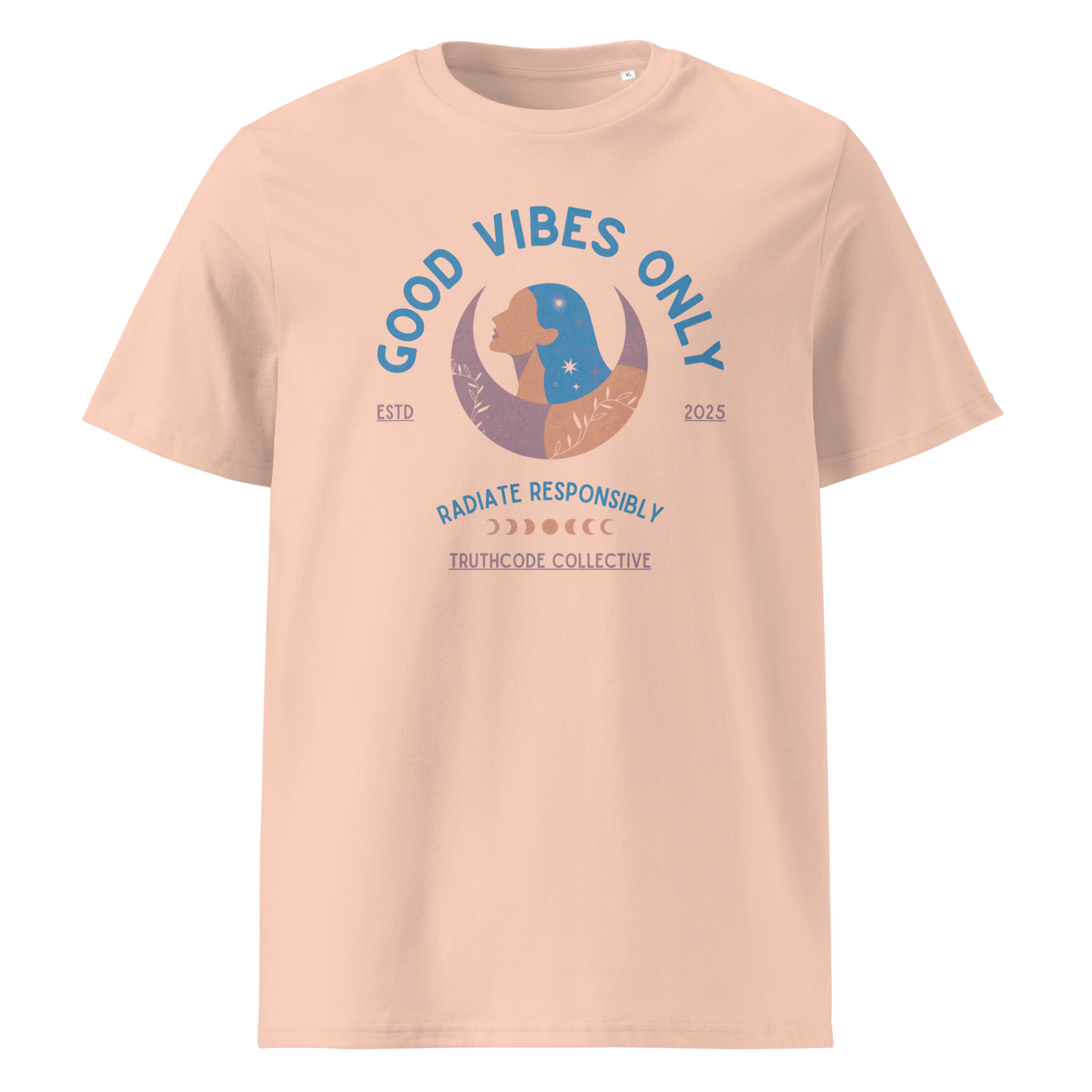 Peach organic t-shirt with text 'Good Vibes Only' and 'Radiate responsibly' woman and moon graphic design on a white background