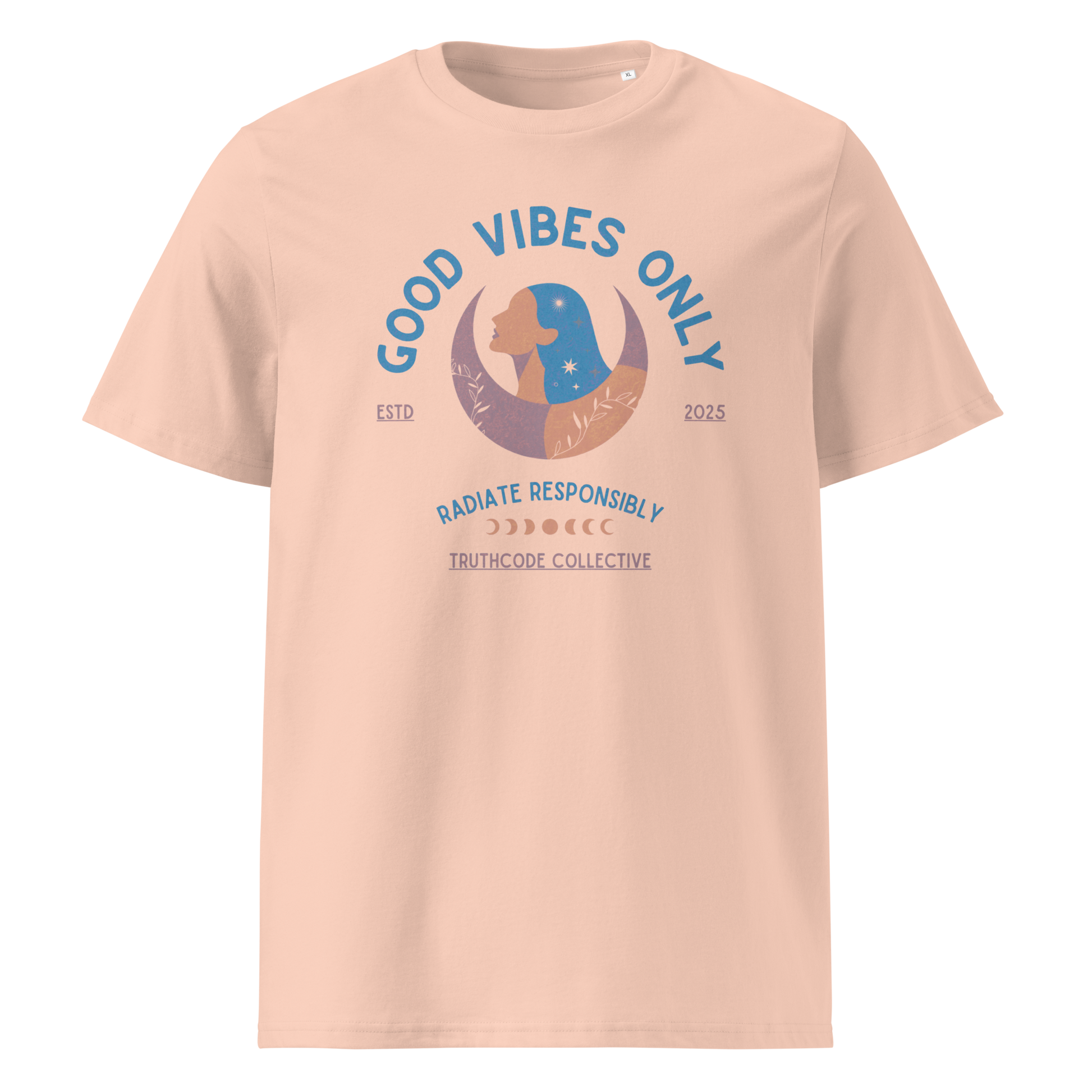 Peach organic t-shirt with text 'Good Vibes Only' and 'Radiate responsibly' woman and moon graphic design on a white background