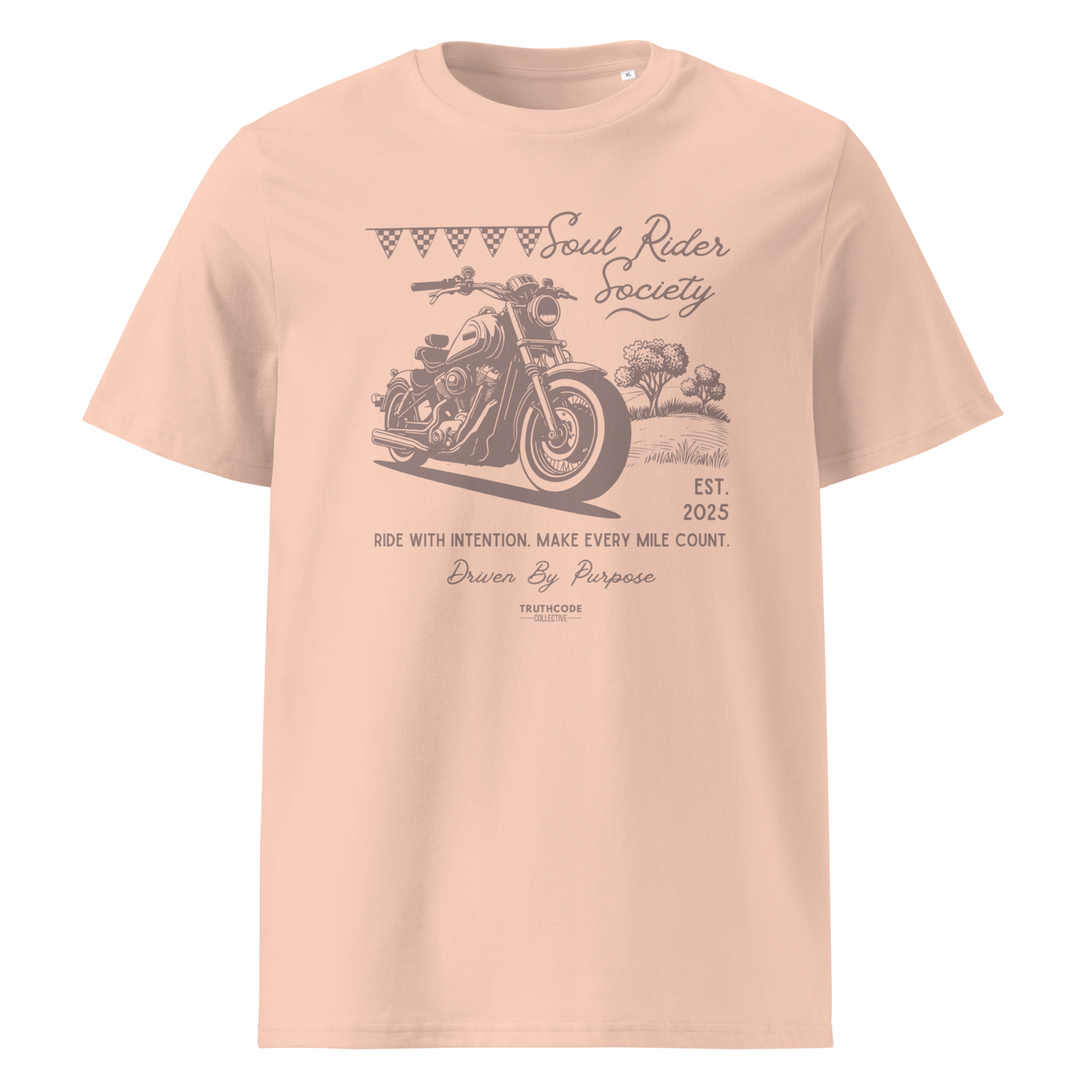 Peach organic t-shirt with motorcycle graphic and text 'Soul rider society, ride with intention, make every mile count' on a white background