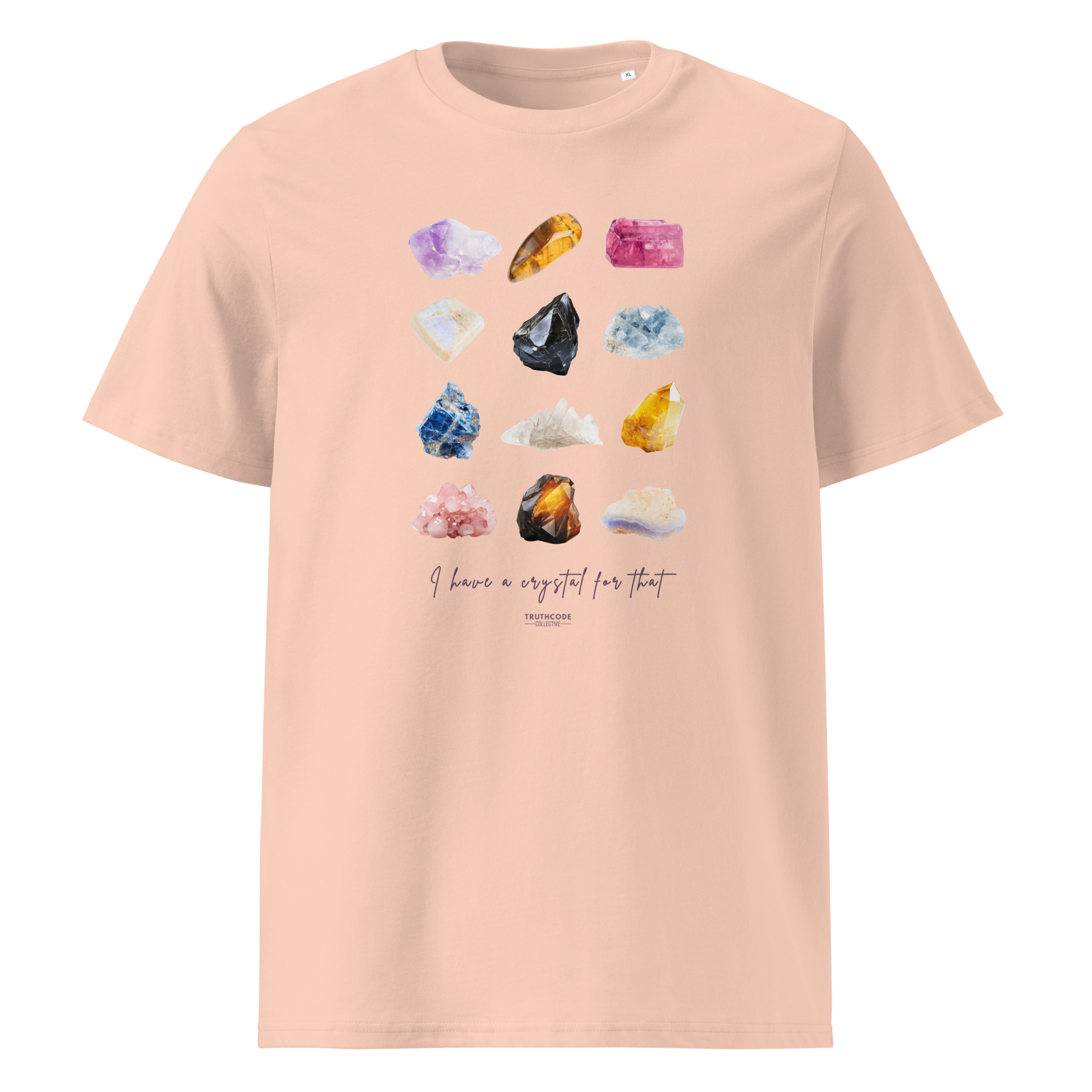 Peach organic t-shirt with colorful crystal graphics and text 'I have crystals for that' on a white background