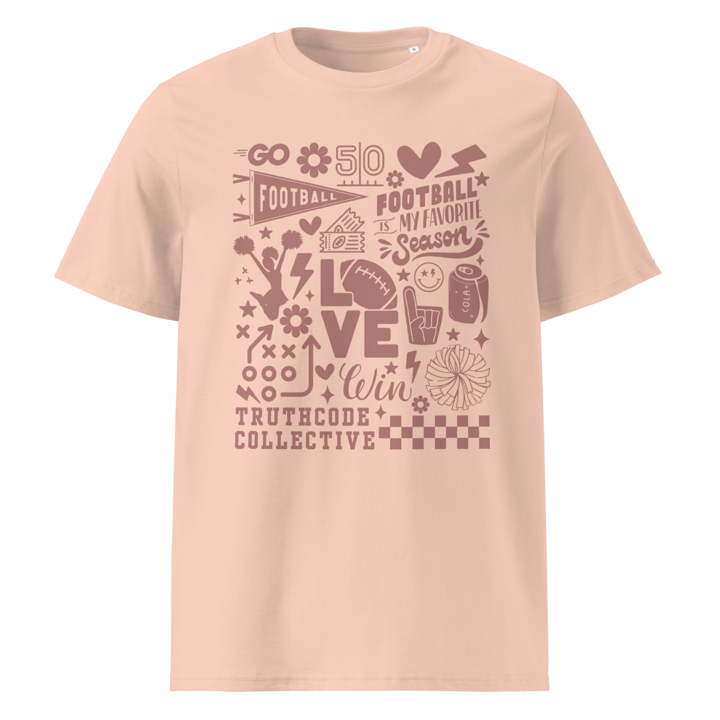 Peach organic t- shirt with football themed graphics and text 'Football is my favorite season' on a white background