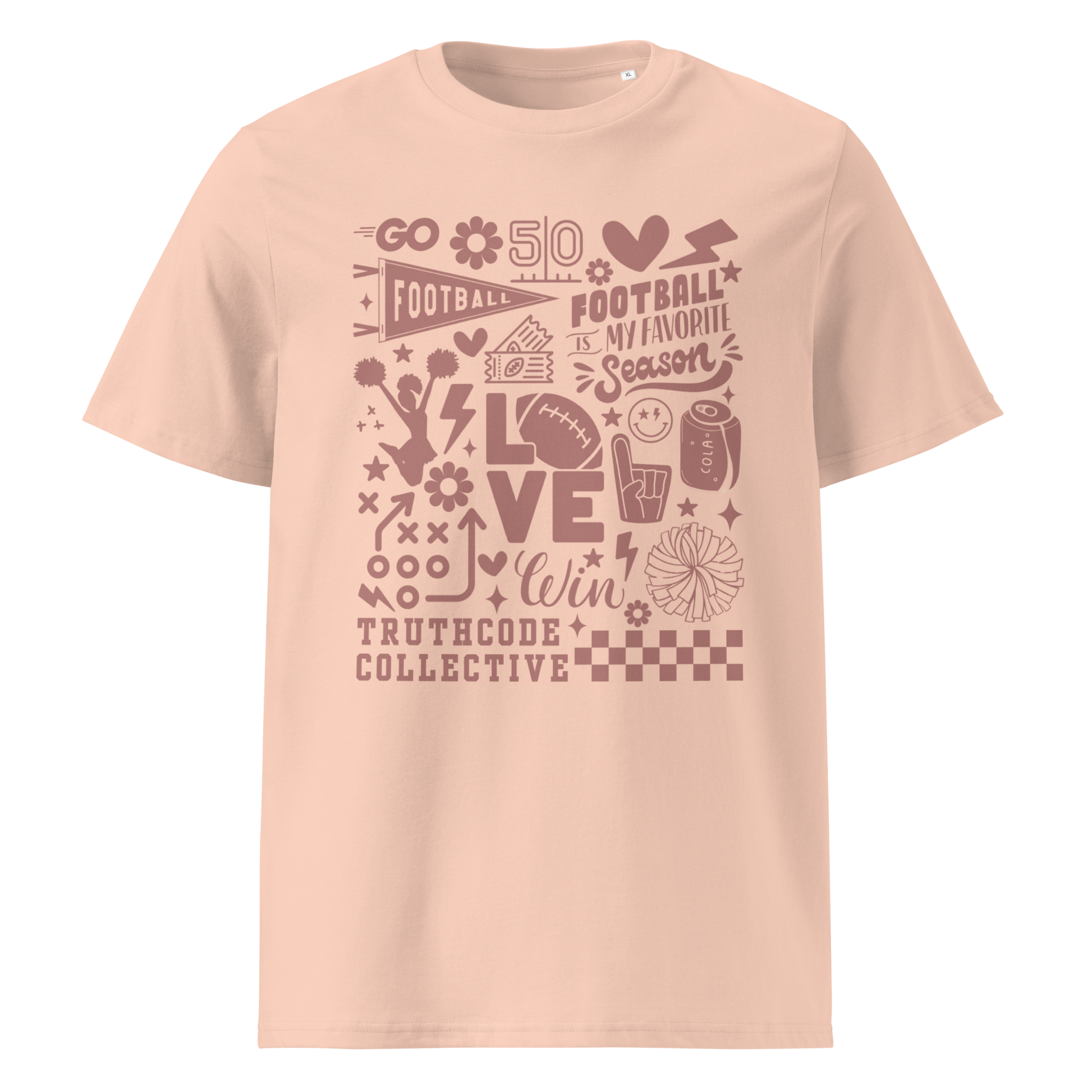 Peach organic t- shirt with football themed graphics and text 'Football is my favorite season' on a white background