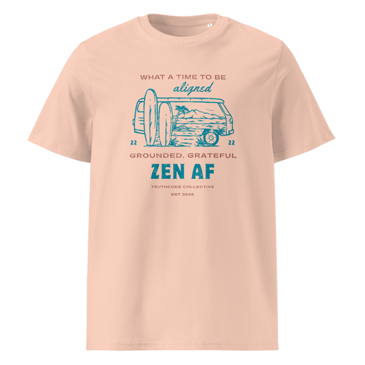 Peach organic t-shirt with a graphic design  of vintage surf van and text 'What a time to be aligned, grounded, grateful, zen AF' on a white background
