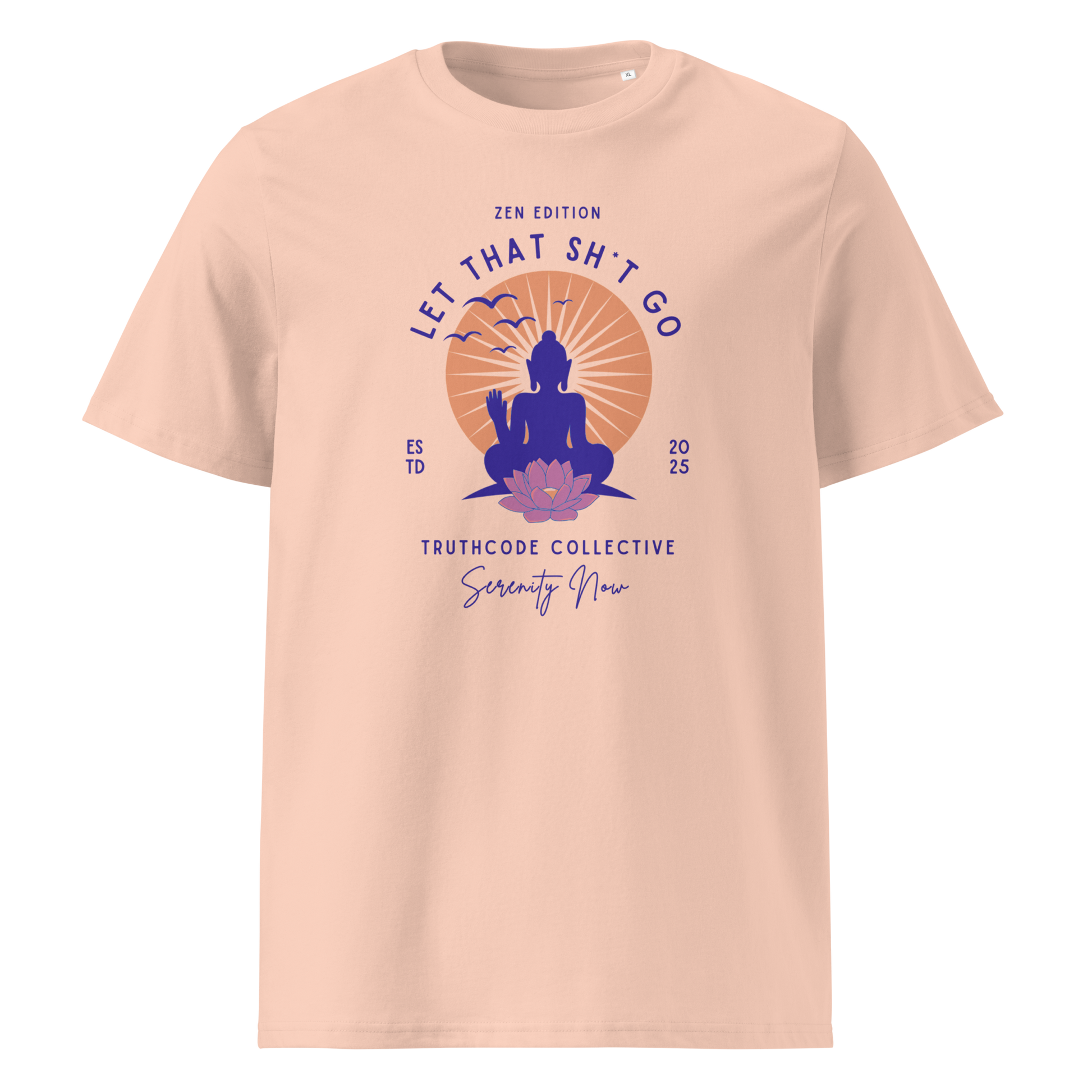 Peach organic t-shirt with a Buddha graphic and text 'Let that sh*t go' on a white background