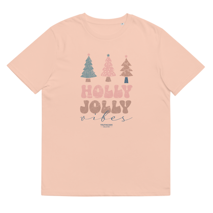 Pink t-shirt with Christmas tree design and 'Holly Jolly Vibes' text on a white background