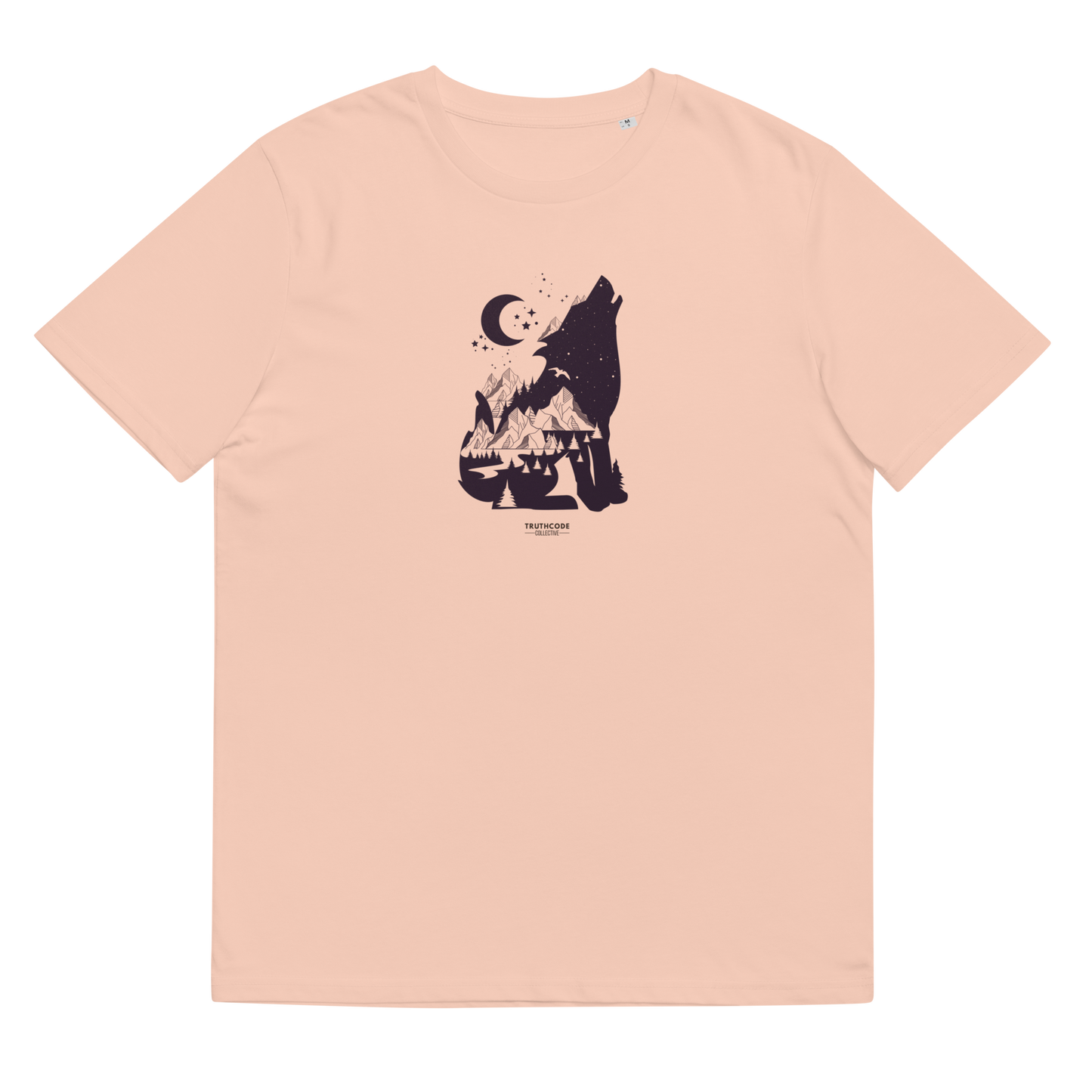 Peach organic t-shirt with a graphic of a wolf howling at the moon on a white background