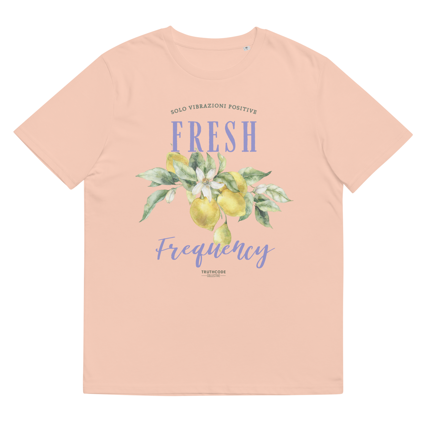 Peach organic t-shirt with lemon graphic and text 'Fresh frequency' on a white background