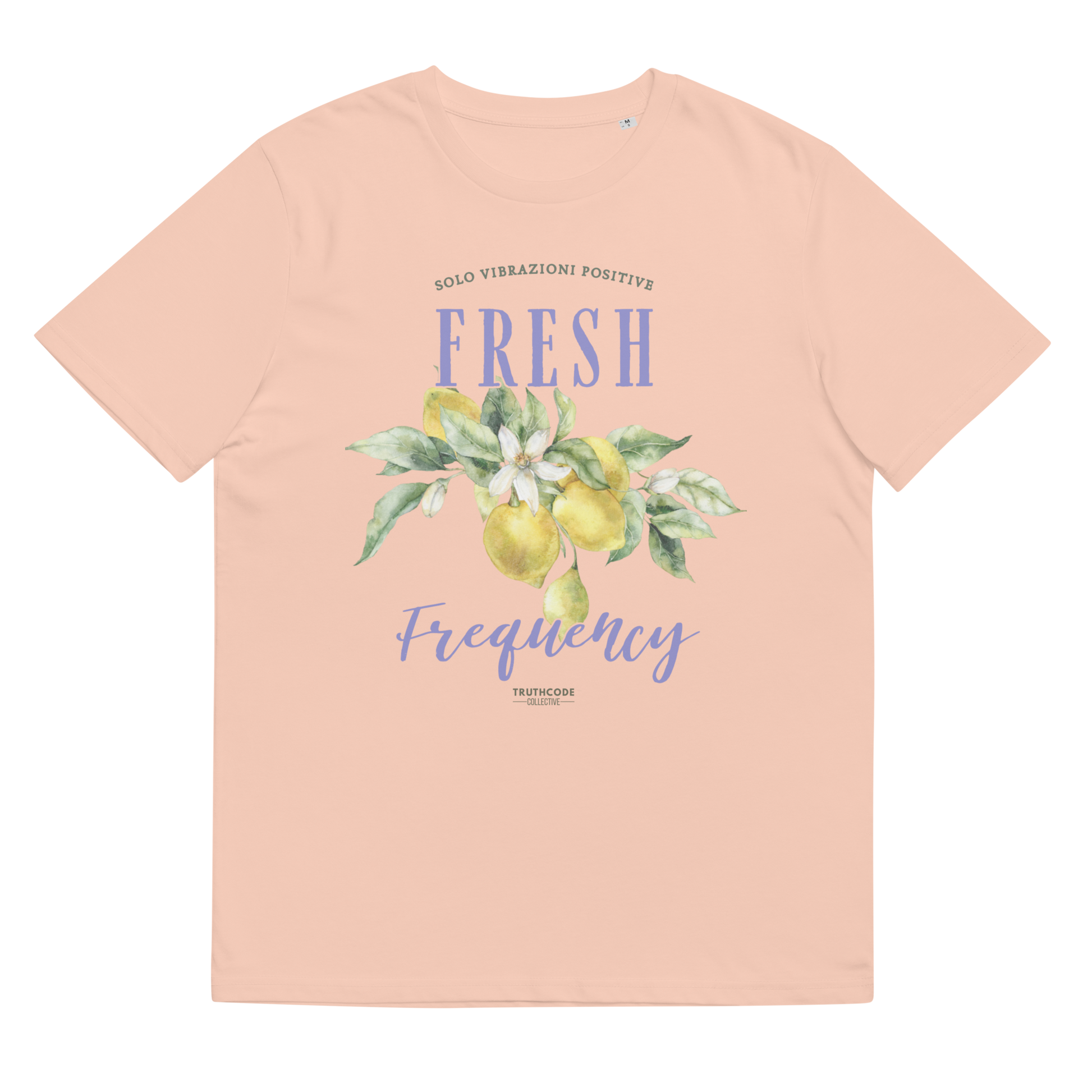 Peach organic t-shirt with lemon graphic and text 'Fresh frequency' on a white background