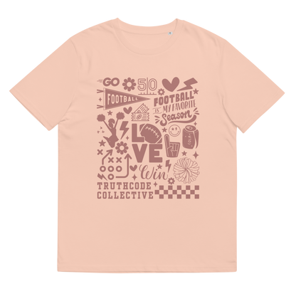 Peach organic t-shirt with football collage graphic design and text 'Football is my favorite season' on a white background