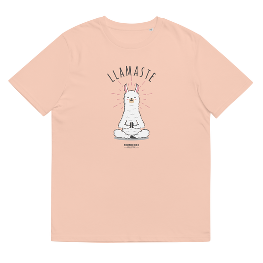 Peach organic t-shirt with a cartoon llama design and text 'Llamaste', shirt on a white background