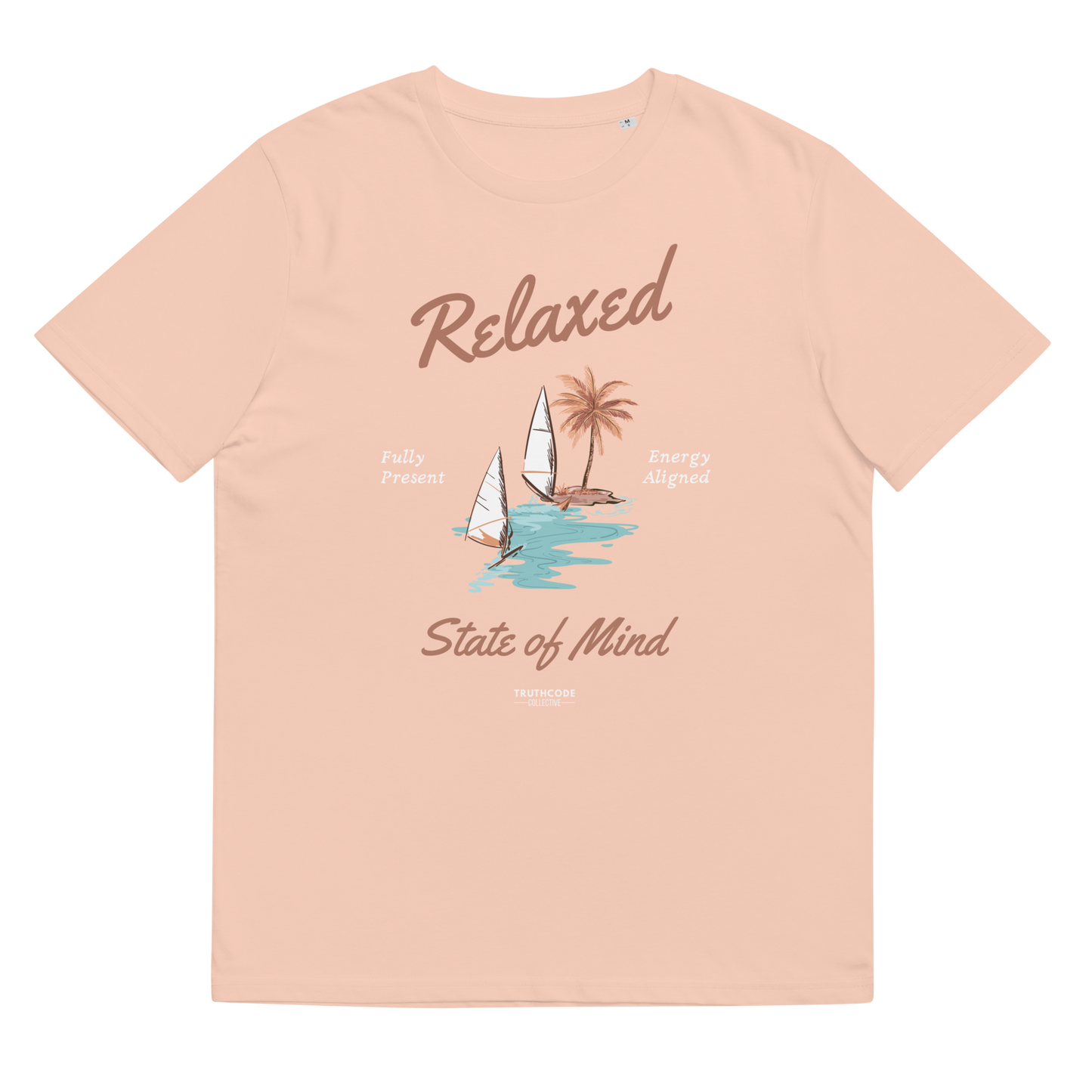 Peach organic t-shirt with a sailboat graphic and text 'Relaxed state of mind', shirt on a white background