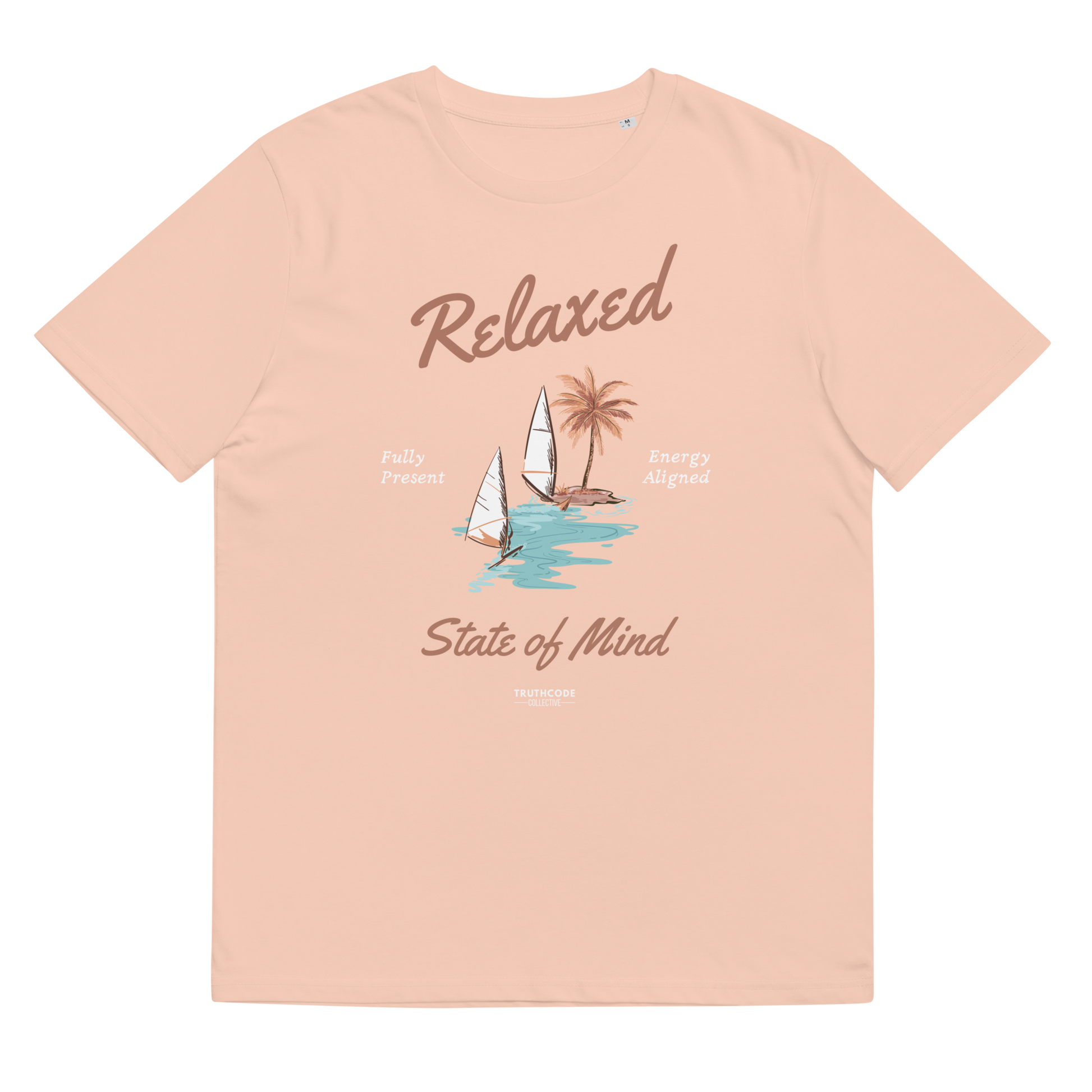 Peach organic t-shirt with a sailboat graphic and text 'Relaxed state of mind', shirt on a white background