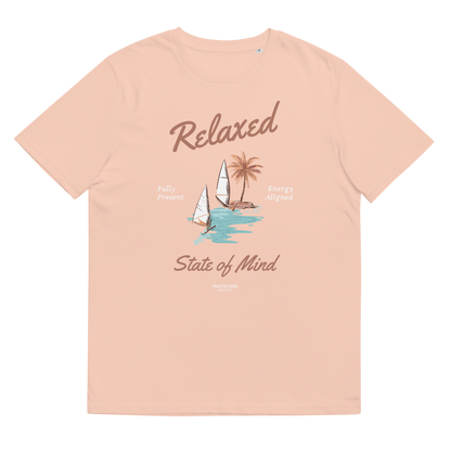 Peach organic t-shirt with a sailboat graphic and text 'Relaxed state of mind', shirt on a white background