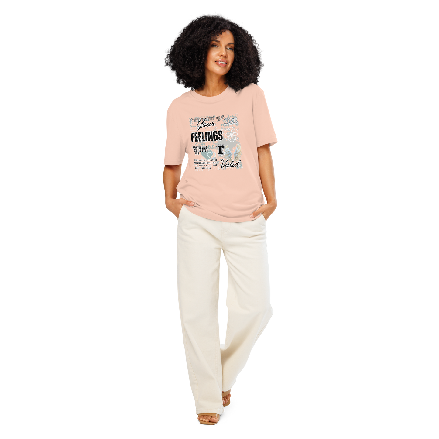 Woman wearing peach organic t-shirt with collage style  graphic design and text 'Your feelings R valid' on a white background